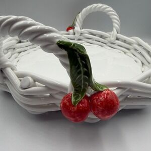 Intrade Italy Ceramic Woven Basket Tray White Lattice Red Cherries Vintage
